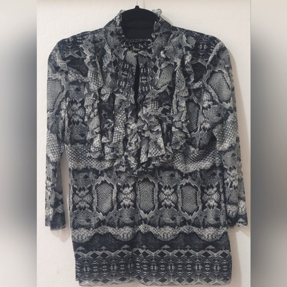 Y2K Coco Bianco 3/4 Sleeve Ruffle Snakeskin Print Blouse